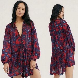NEW Free People Love letter mini dress tunic red blue combo L